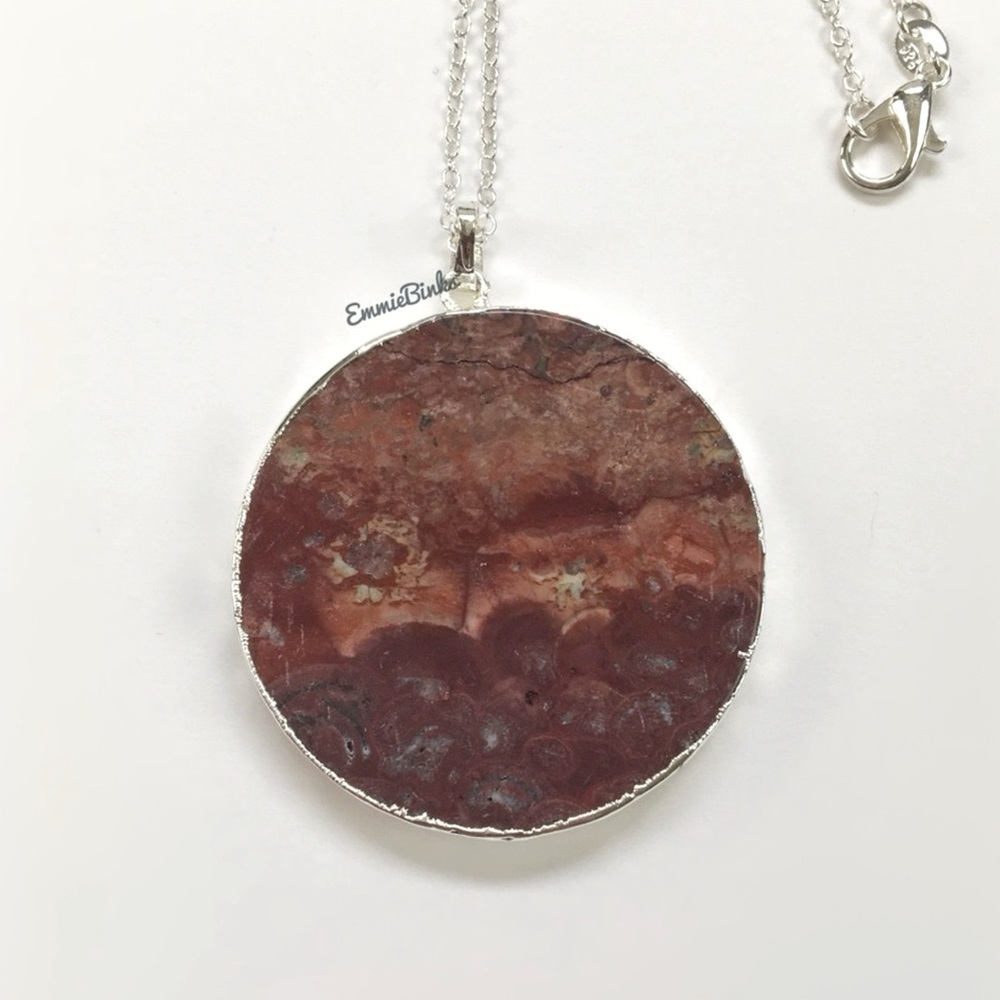 New 925 Sterling Silver Red Mexican Happy Lace Agate Slice Pendant Necklace - Picture 5 of 14